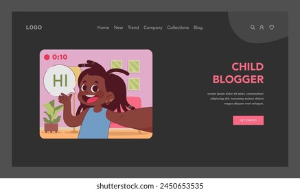 Child blogger concept. Young girl greets her online audience, embodying new age of digital natives. Innocent charm meets social media. People exploring internet possibilities. Vector illustration