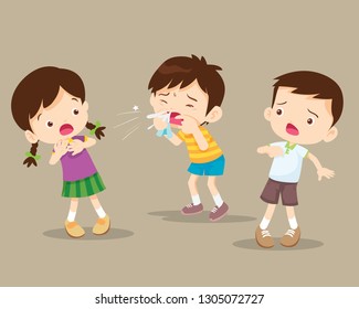 Child blow the nose. Cute boy using tissue to wipe snot from his nose.coughing child to friend