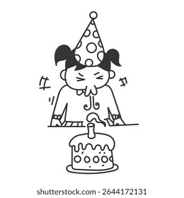 child blowing out birthday cake candles in doodle cartoon