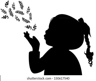 a child blowing out leaves, silhouette vector 