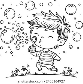 Niño soplando burbujas de jabón. Un niño de dibujos animados jugando al aire libre. Clipart de actividades de verano. Ilustración vectorial de esquema