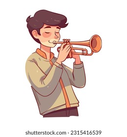 Child blowing trumpet, joyful performance begins icon isolated