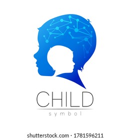 Logotipo azul infantil en vector con cerebro. Perfil de silueta cabeza humana. Logo del concepto para personas, niños, autismo, niños, terapia, clínica, educación. Símbolo de plantilla, diseño moderno aislado en blanco