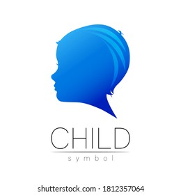 Child blue logotype in vector. Silhouette profile human head. Concept logo for people, children, autism, kids, therapy, clinic, education. Template symbol, modern design isolated on white background