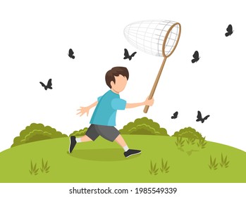 A child in a blue shirt is running after a butterfly