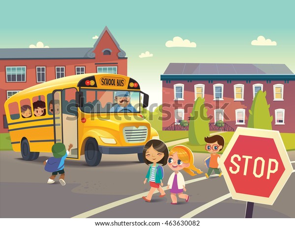 スクールバス停でスクールバスに乗る子ども 道路を渡る子供のグループ ベクターイラスト のベクター画像素材 ロイヤリティフリー