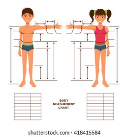 Child body measurement chart. Scheme measurement human body for sewing clothes, health supervision. Figures of girl and boy in underwear, swimwear. Template for sewing, tailor, paediatrician notes.