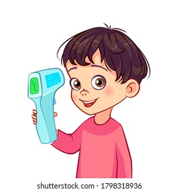 Child body temperature measurement with a contactless digital thermometer. Kids illustration showing the need to check temperature regularly during covid-19 outbreak. Prevention of coronavirus disease