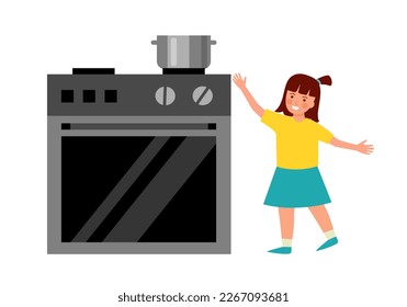 Child reach’s boiling water hot pot in flat design on white background. Kids danger in kitchen.