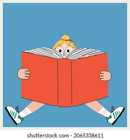 Niño con un libro de fondo azul. La chica está leyendo un libro. Ilustración vectorial.