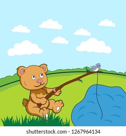 child book or page, bear fishing with bird illustration