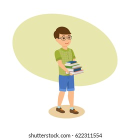 Child with books. The boy in glasses and with literature in his hands, go from the school library with teaching materials. Modern vector illustration isolated in cartoon style.