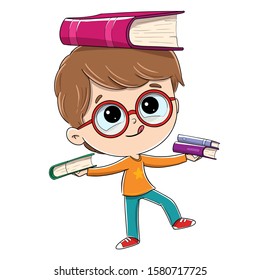 Child with books doing balance. He has books in his hands and tries not to fall