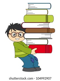Child with a lot of books to study. Drawing isolated white background