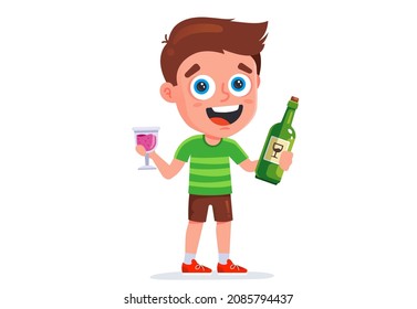 child with a bottle of wine and a glass of wine. drunk teenager. flat vector illustration.