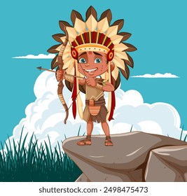 Child with bow and arrow on rock