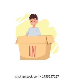 Child in box with written preposition In, flat vector illustration isolated.