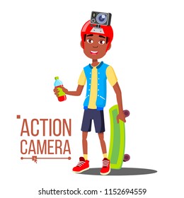 Child Boy With Action Camera Vector. Afro American Teenager. Red Helmet. Shooting Process. Active Type Of Rest. Isolated Cartoon Illustration
