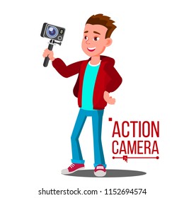 Child Boy With Action Camera Vector. Self Video, Portrait. Shooting Process. Isolated Cartoon Illustration
