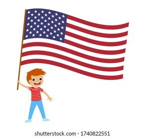Child Boy with American Flag. Nature Background. Vectoral Illustration.