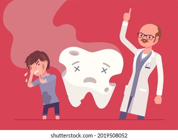 Child boy, angry dentist doctor and unhealthy rotten tooth smell. Male stomatologist scloding child for bad care at medical examination of dental treatment, medical consultation. Vector illustration