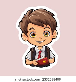 Child boy back to school vector sticker design. Cartoon sticker 