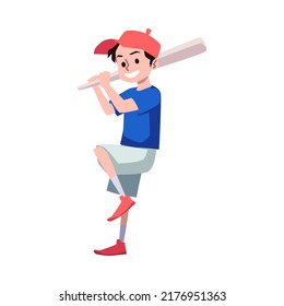 Niño golpeando con bate de béisbol, ilustración vectorial plana aislada en fondo blanco. Caricatura de un niño jugando al béisbol. Conceptos de educación física y deportes de equipo.