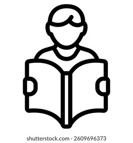 Child boy with book line icon, children book holiday concept. Vector graphics. Kid and opened notebook sign on white background, style mobile or design