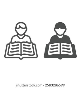 Child boy with book line and solid icon, children book holiday concept. Vector graphics. Kid and opened textbook sign on white background, outline style icon for mobile or web design