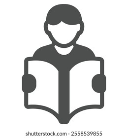 Child boy with book solid icon, children book holiday concept. Vector graphics. Kid and opened notebook sign on white background, glyph style icon for mobile or web design