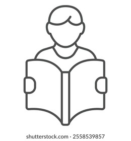 Child boy with book thin line icon, children book holiday concept. Vector graphics. Kid and opened notebook sign on white background, outline style icon for mobile or web design