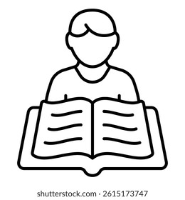 Child boy with book thin line icon, children book holiday concept. Vector graphics. Kid and opened textbook sign on white background, style mobile or design