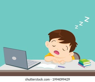 child boy bored of studying sleeps in front of the laptop. Concept of tired kid from home e-learning or online education