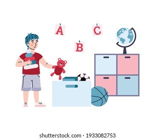 Child boy cartoon character tidying up his room by himself, flat vector illustration isolated on white background. Housework and home duties of children.