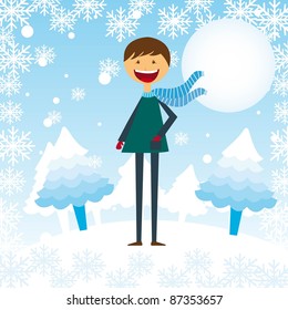 child boy cartoon in the snow with tree background. vector