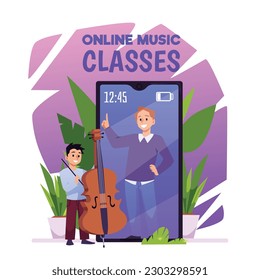 Child boy with cello standing near huge mobile phone with teacher man on screen flat style, vector illustration isolated on white background. Online music classes, education