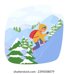 Child Boy Character Bundled Up In Winter Gear, And A Bright Smile, Explores Snowy Trails, Climbing on Mountain, Creating Magical Footprints In Pristine Wilderness. Cartoon People Vector Illustration