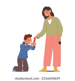 Carácter de niño, consumido por adicción a los gadgets, lleva a su madre a un Smartphone, revelando su dependencia de la tecnología aislada de fondo blanco. Ilustración de vectores de personas de caricatura