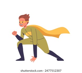 Child Boy Character Dressed As A Superhero With A Yellow Cape And Mask, Crouching In A Dynamic Pose, Vector Illustration