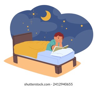 Child Boy Character Engrossed In A Book, Nestled In Bed, Captivated By Words That Transport him To Magical Realms, Fostering A Love For Stories And Dreams. Cartoon People Vector Illustration