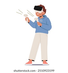 Personagem Menino Imerso Em Um Jogo De Realidade Virtual, Usando Um Fone De Ouvido Vr E Segurando Controladores. A Imagem Vetorial Em Cartoon Transmite Entusiasmo, Engajamento E As Maravilhas Da Tecnologia E Dos Jogos