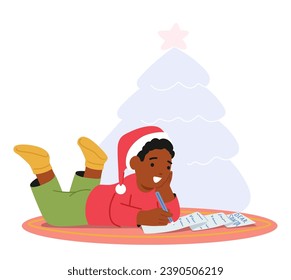 Child Boy Character Lying on Floor with Pen In Hand, Writes A Heartfelt Letter To Santa Claus, Filled With Wishes And Dreams, his Eyes Sparkling With Anticipation. Cartoon People Vector Illustration