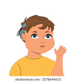 Child boy with cochlear implant in cartoon style. Hear impairment and deaf community concept. Vector illustration