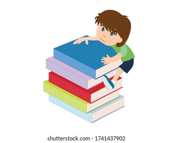 A child (boy) crawls up the books. School, education, science.