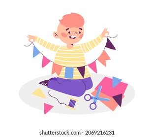Child boy cutting decorative garland of color paper, flat cartoon vector illustration isolated on white background. Kid engaged with handicraft creative hobby.