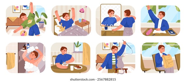 Child boy daily routine and activities before and after school. Vector in flat style, isolated kid waking up and brushing teeth, showering and eating, going to school and answering on lessons