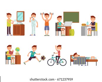 Child boy daily routine vector set. Routine school boy, illustration of daily sleeping everyday