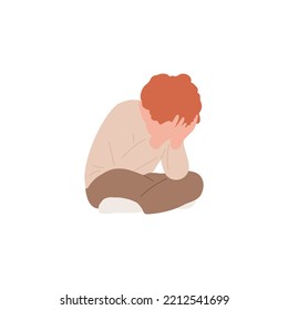 Child, boy in depression, crying with ptsd, fears, phobias, grief. Cartoon flat vector illustration. Mental health support. Concept of psychological problems and health.