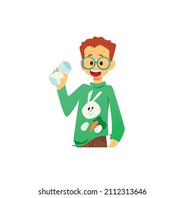 Child boy drinking milk from glass, cartoon flat vector illustration isolated on white background. Boy kid drinking fresh cows milk, rich in protein and nutrients.