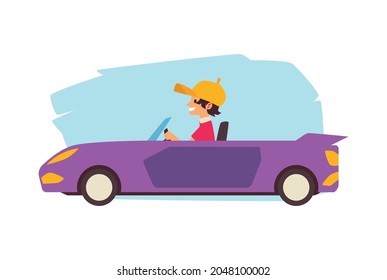 Child boy driving car, flat cartoon vector illustration isolated on white background. Children and transportation concept, child learning driving car.